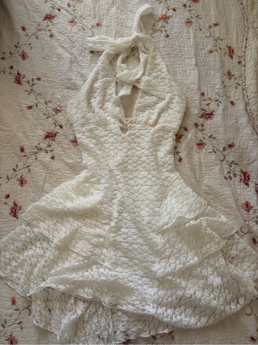 White Strapless Lace Halter Dress with Ruffled Skirt